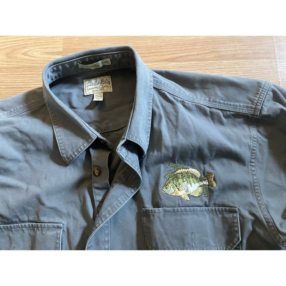 Cabelas Roughneck Canvas Button Down Gray Shirt With Embroidered Bass Size XL